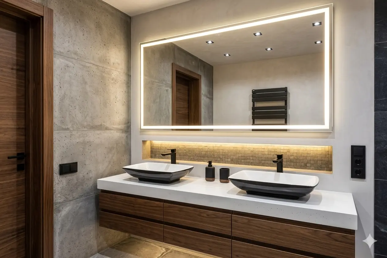 Luxurious double sink vanity with large illuminated mirror