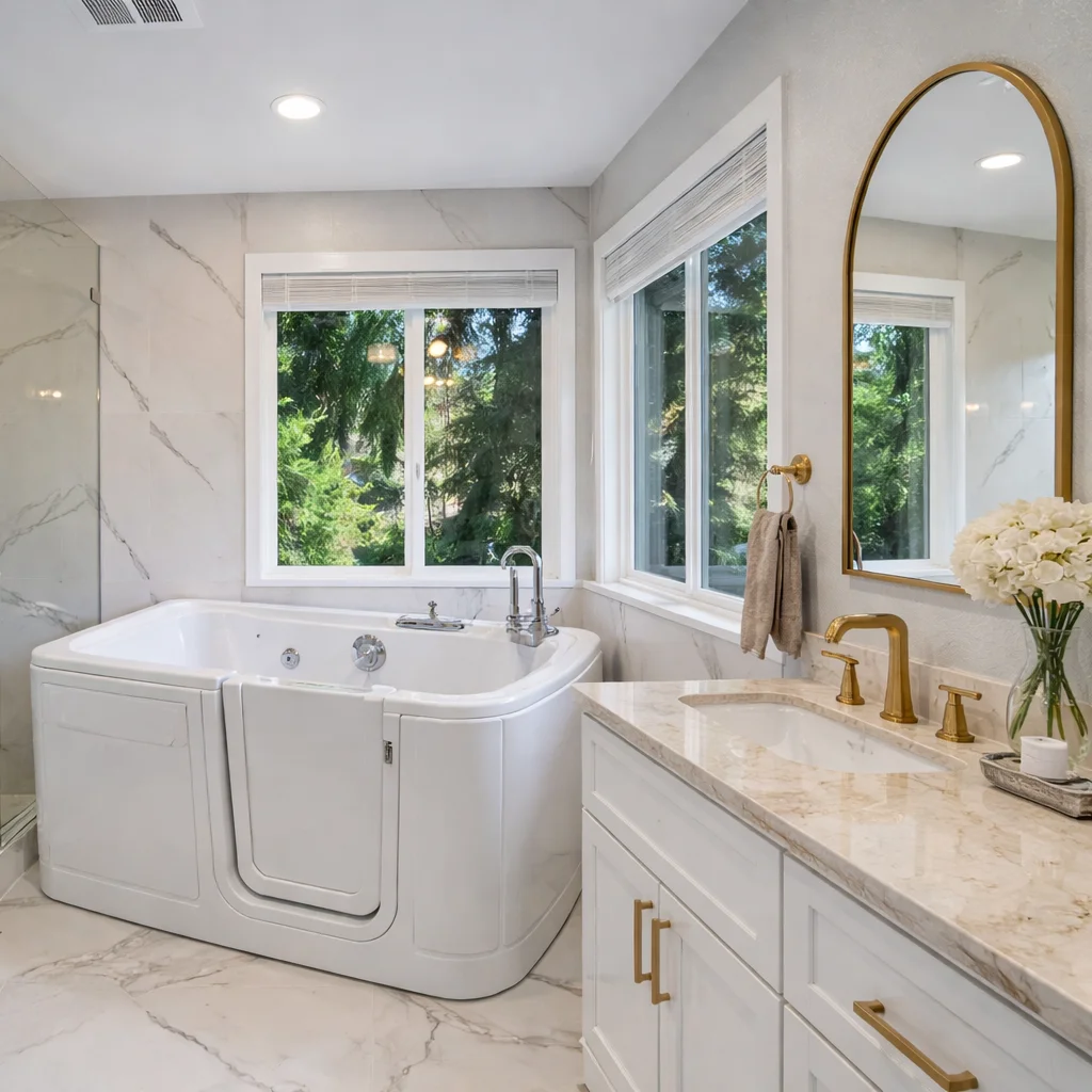 bathroom featuring walk-in tub, large windows, marble flooring, and double vanity with gold hardware
