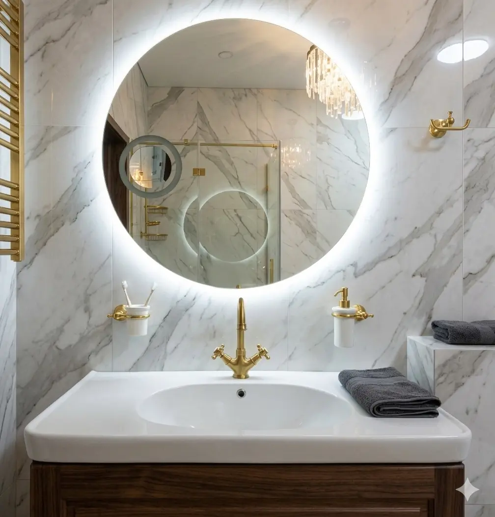 Round illuminated LED mirror with gold faucet and marble vanity