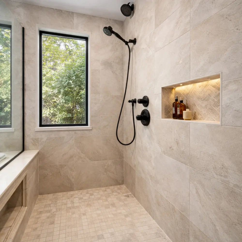 Spa-style modern shower featuring large beige tiles and lit niche 