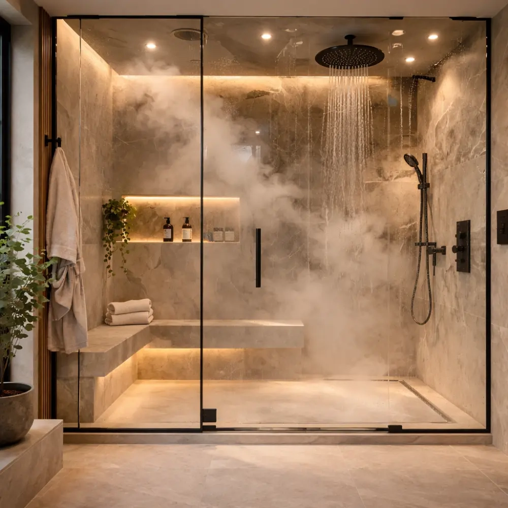 Dramatic steam-filled easy entry shower with built-in bench and mood lighting