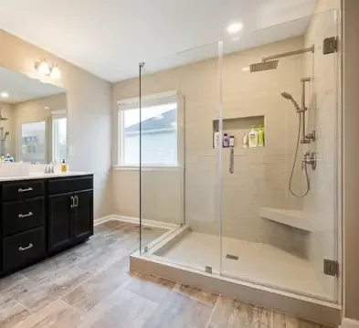 Modern bathroom after tub to shower conversion