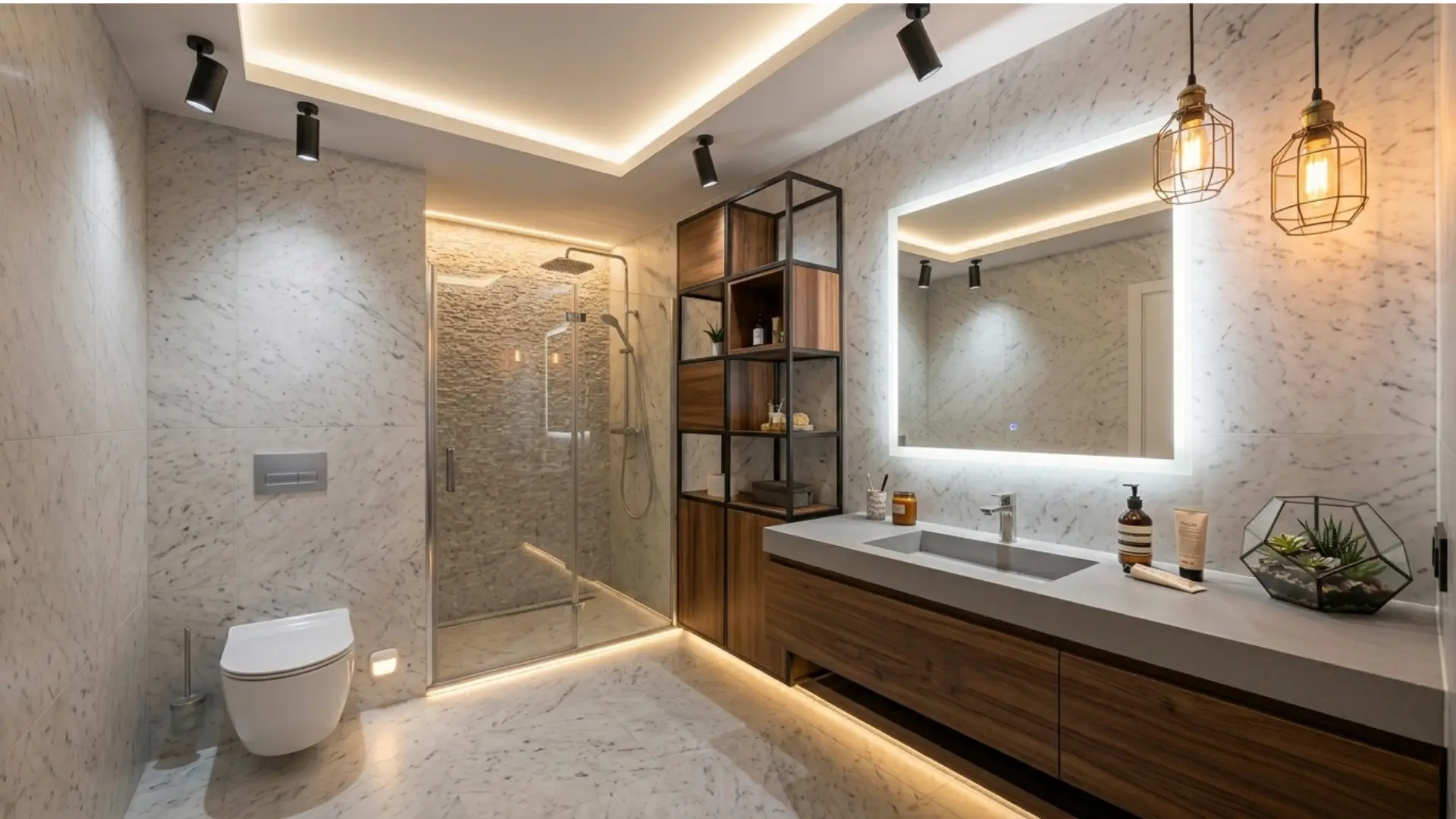 Modern bathroom lighting design with LED mirror, recessed lights, and pendant fixtures