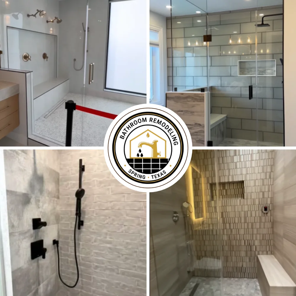 Four modern walk-in showers installation designs featuring tile finishes and glass enclosures