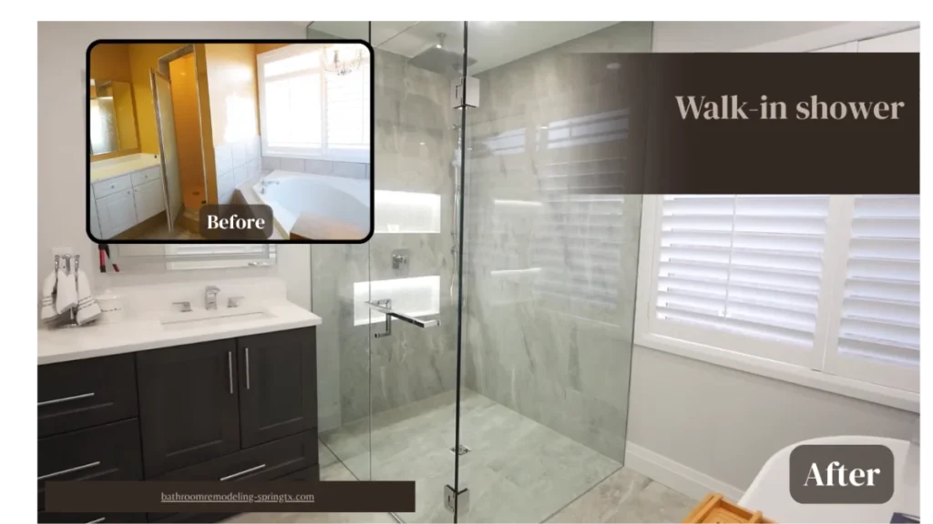 Before and after transformation showing walk-in shower upgrade with tile and glass design