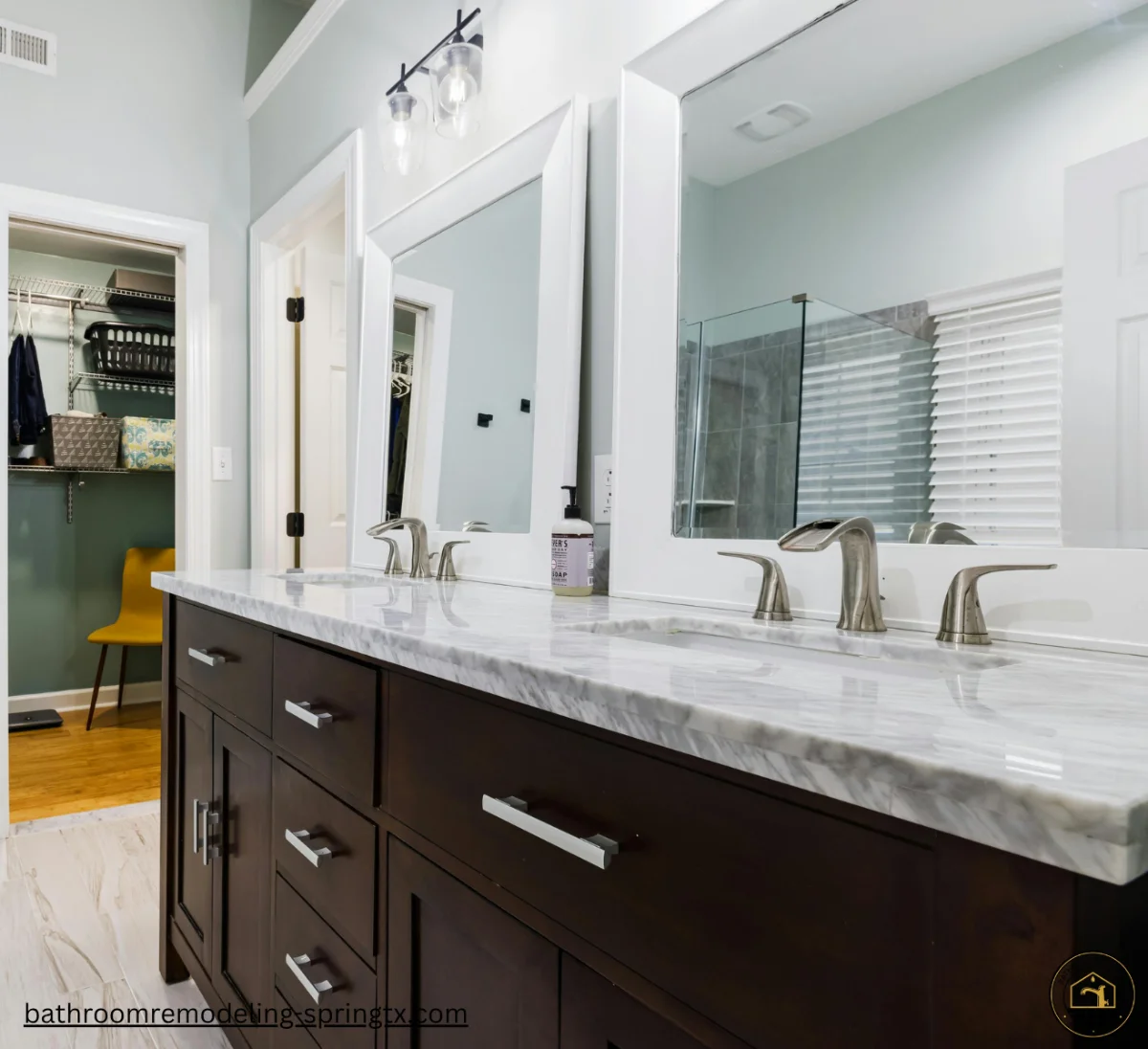 Double sink bathroom vanity with stone countertop