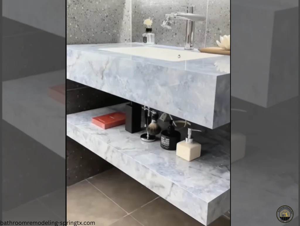 Compact bathroom vanity with open shelf storage