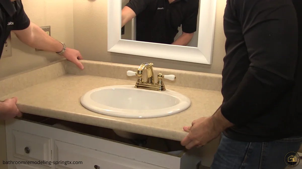 Technician positioning bathroom vanity countertop with sink and mirror above