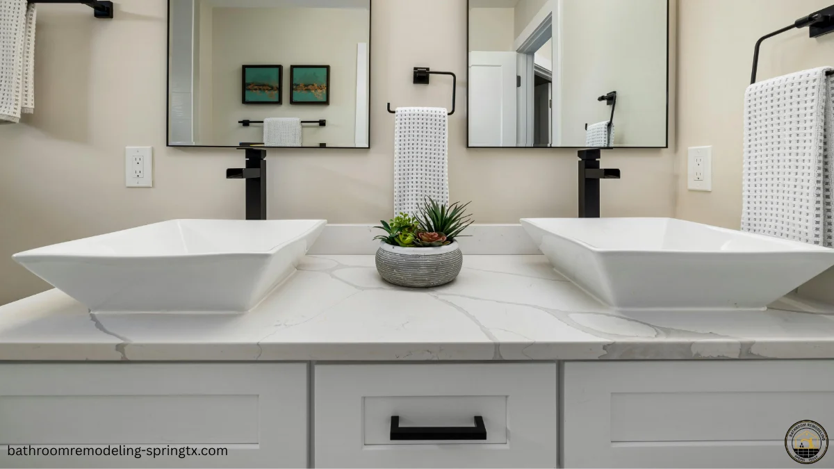 Double sink bathroom vanity with mirrors mounted above and modern fixtures